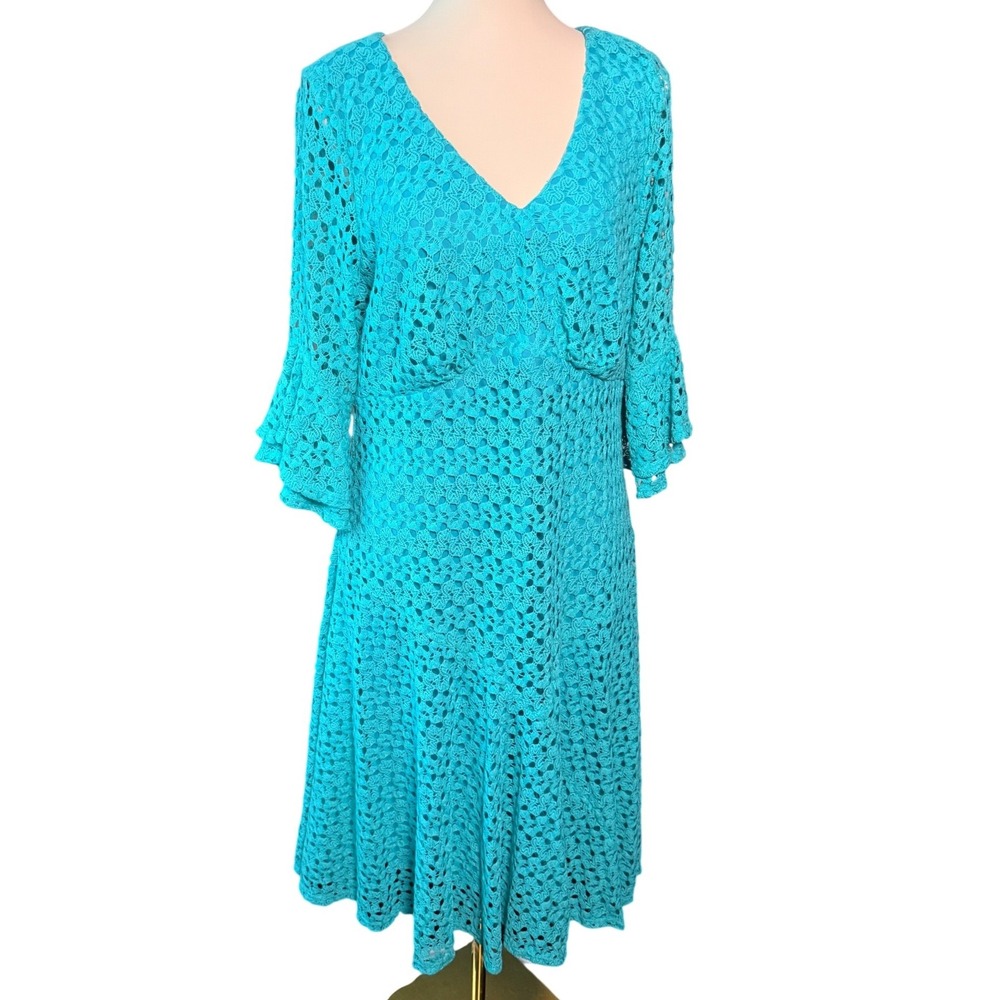 Rabbit Rabbit Rabbit Designs Turquoise Crochet Lace V-Neck Bell Sleeve Dress 16